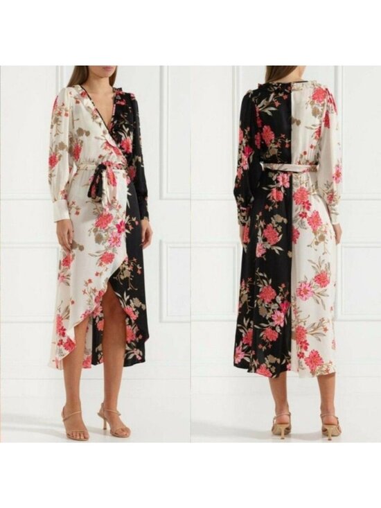 Misa Los Angeles Dresses & Skirts - Misa Los Angeles Tabitha Floral Wrap Midi Dress Long Sleeve Size Medium Satin